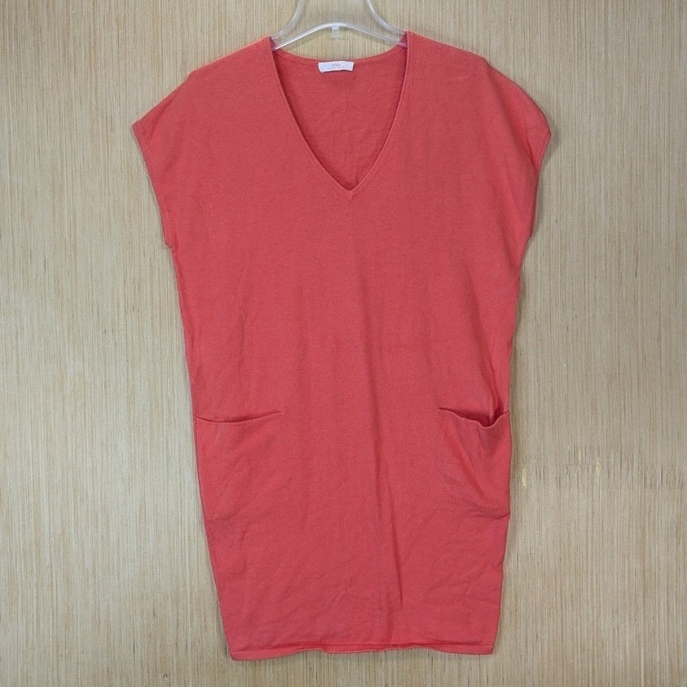 Trina Turk Preppy Minimalist Cotton Knit V-Neck Tunic Dress Size M Coral Pink